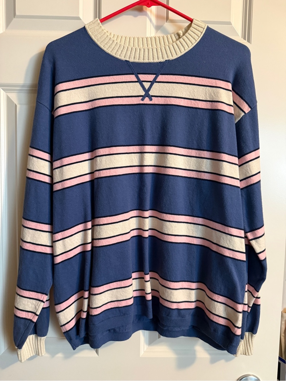 aerie Navy Striped Crewneck Sweater with Pink & Cream Accents